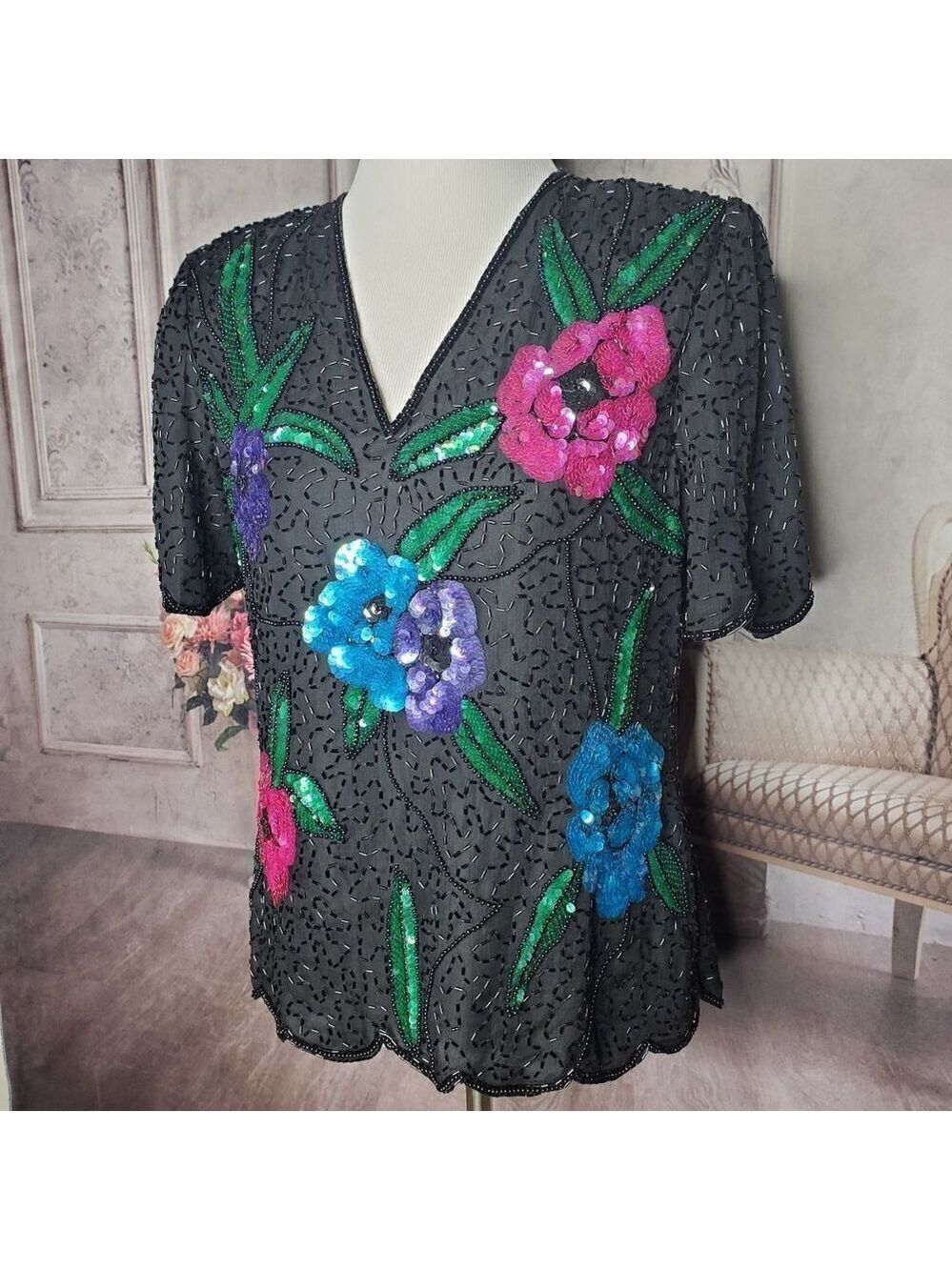 LAWRENCE Kazar 100% Pure Silk Black Lined Sequins Beads Party Blouse Size Medium - Picture 3 of 9